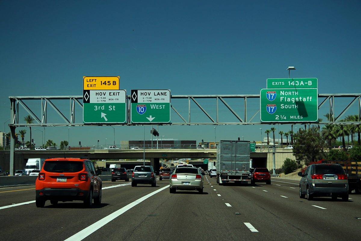 Interstate 10 West at Exit 143AB approaching the Interstate 17 interchange in Phoenix, Arizona